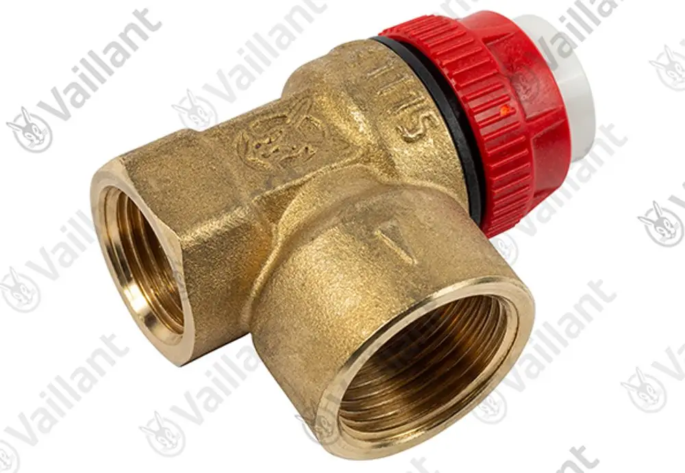 Vaillant Sicherheitsventil aus Messing mit rotem Drehknopf, zwei Anschlussmöglichkeiten für Rohrleitungen, für die Montage an der Wand geeignet.